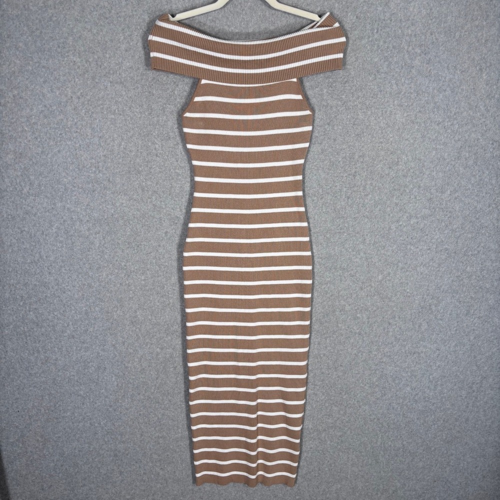 Klesis Ribbed Knit Bodycon Midi Dress Large Brown Striped Off Shoulder Neutral